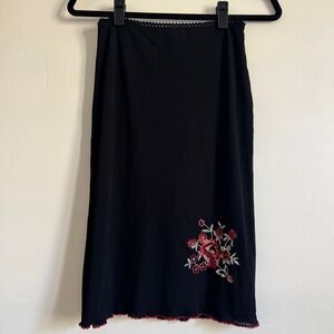 Vintage Kookai Black Stretch Mesh Pencil Skirt with Red Floral Embroidery, Small